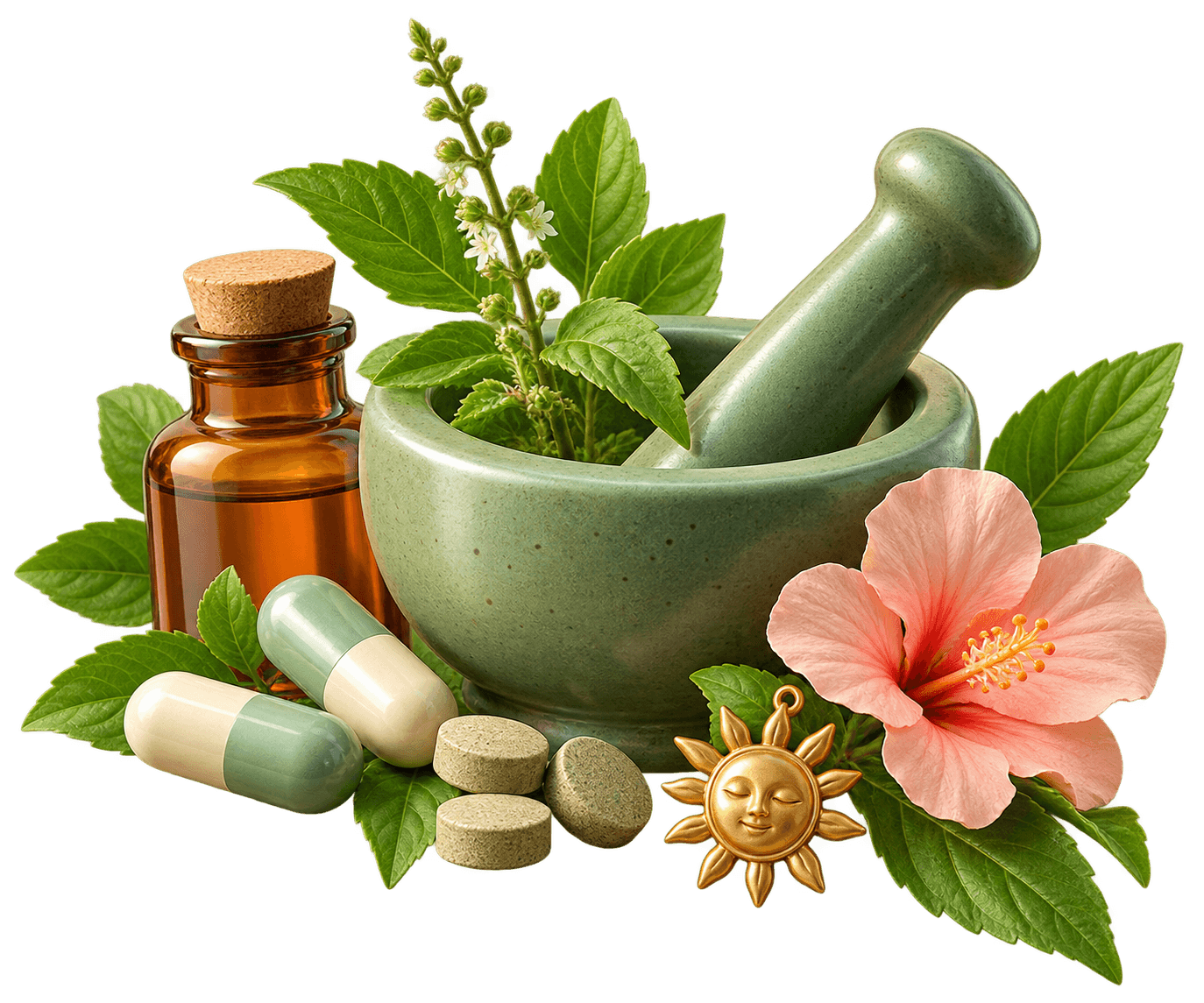 Herbs, natural medicines, a flower, and a mortar and pestle in a colorful 3D arrangement